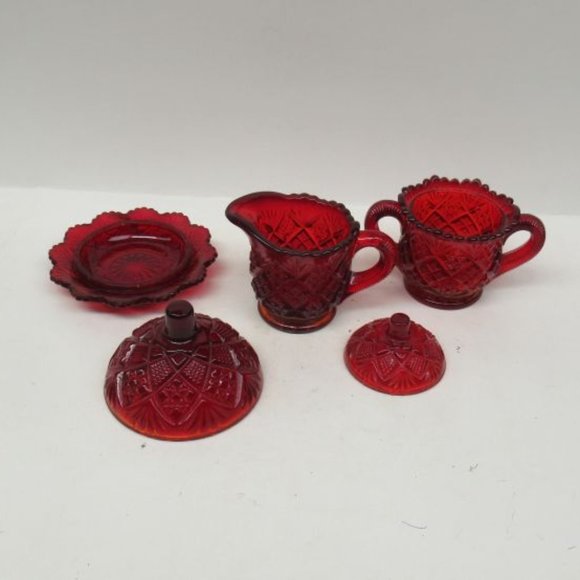 Westmoreland Glass Red FAN and FILE Childs Butter Dish, Creamer, Sugar and Lid - Picture 2 of 5
